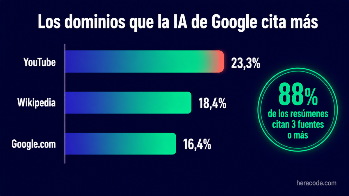 Ranking de los dominios que la IA de Google cita más: YouTube 23,3%, Wikipedia 18,4% y Google.com 16,4%, con el dato de que el 88% de los resúmenes citan tres fuentes o más
