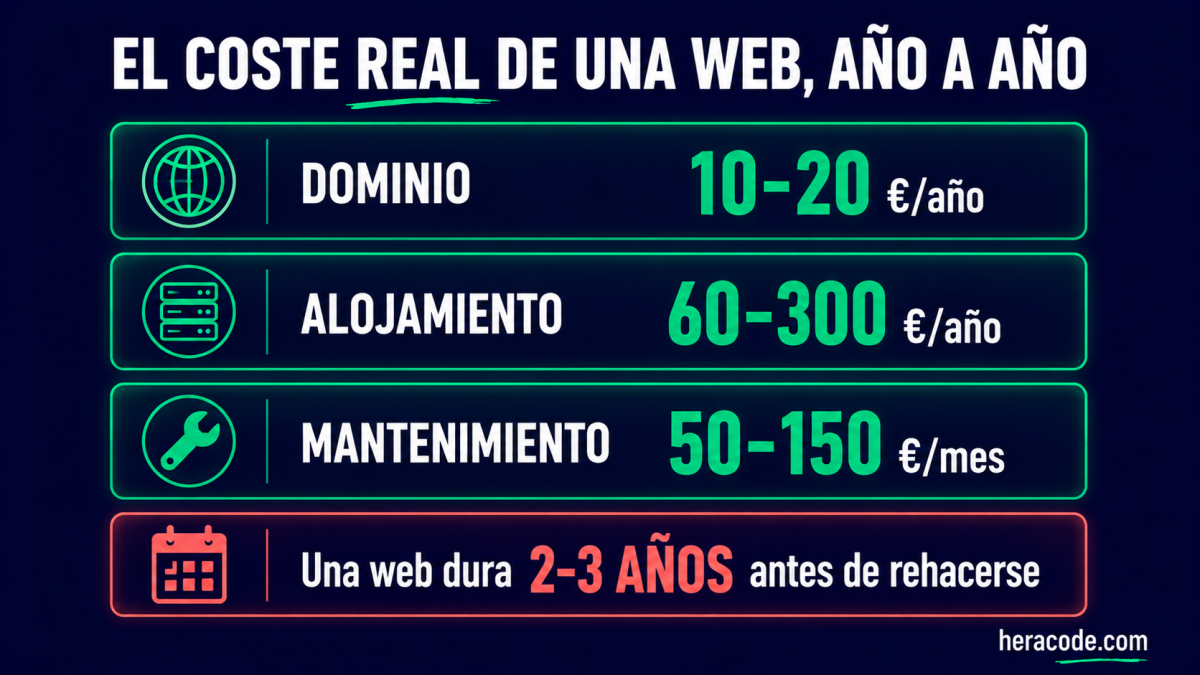 Gráfico del coste real de una página web año a año: dominio 10-20 € al año, alojamiento 60-300 € al año, mantenimiento 50-150 € al mes, y una web dura entre 2 y 3 años
