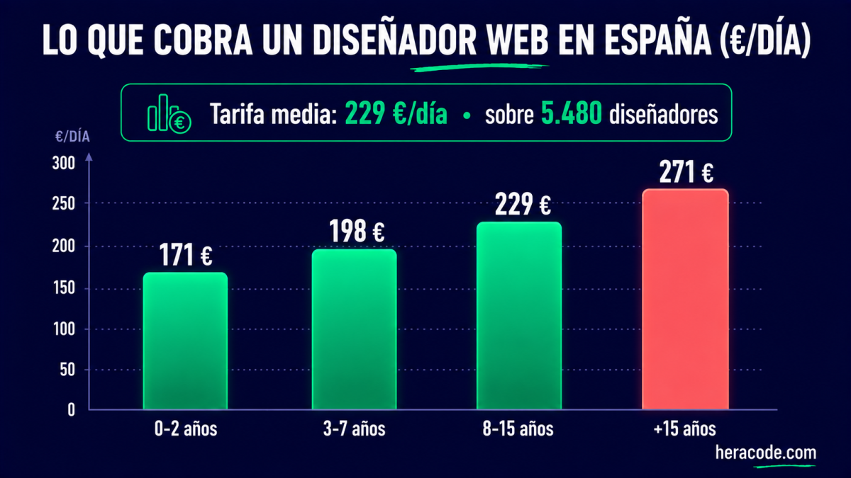 Gráfico de lo que cobra un diseñador web freelance en España: 171 € al día con 0-2 años de experiencia, 198 € con 3-7 años, 229 € de media general y 271 € con más de 15 años, según Malt 2026