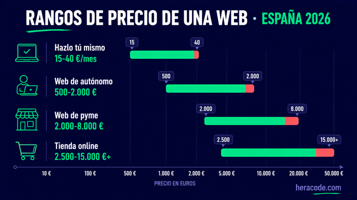 Gráfico de rangos de precio de una página web en España 2026: autónomo 500-2.000 €, pyme 2.000-8.000 €, tienda online 2.500-15.000 € y hazlo tú mismo 15-40 € al mes