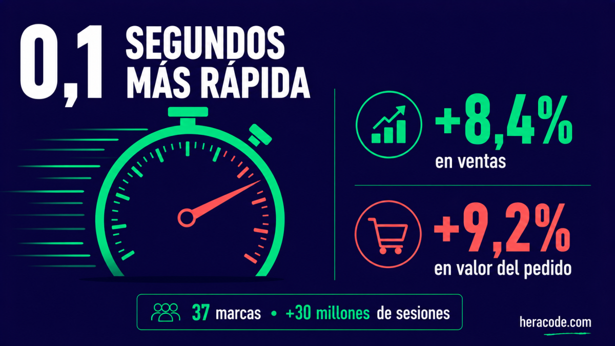 Gráfico del impacto de la velocidad web en las ventas: 0,1 segundos más rápida aumentó las conversiones un 8,4% y el valor del pedido un 9,2% en comercio, según Google y Deloitte 2020