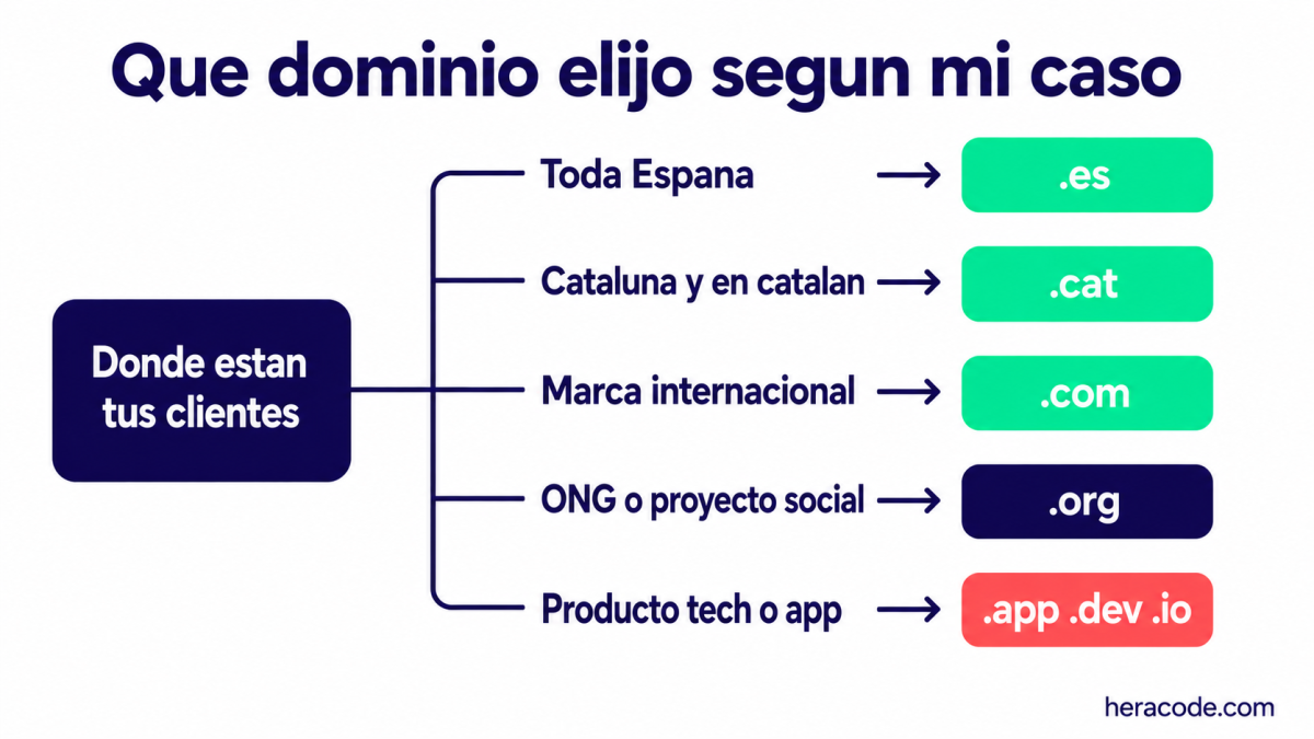 Árbol de decisión de qué dominio es mejor según tu caso: .es para España, .cat para Cataluña, .com para marca internacional, .org para ONG y .app, .dev o .io para productos tech