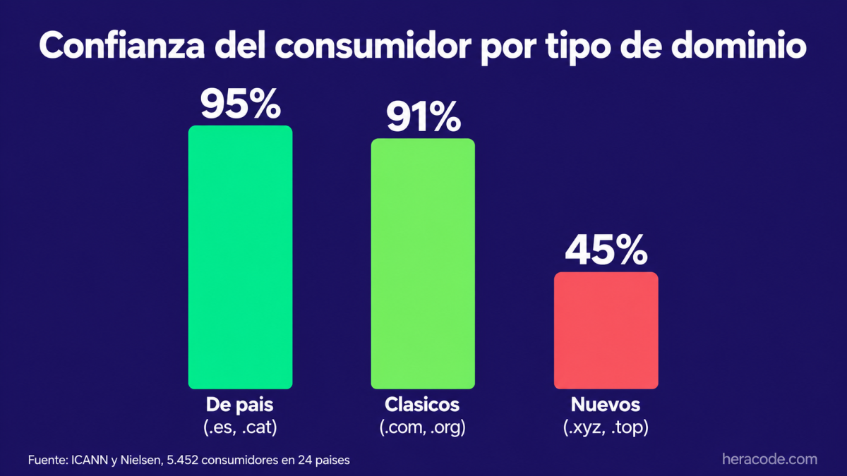 Gráfico de confianza del consumidor por tipo de dominio: 95% en dominios de país, 91% en clásicos y 45% en extensiones nuevas, según ICANN y Nielsen