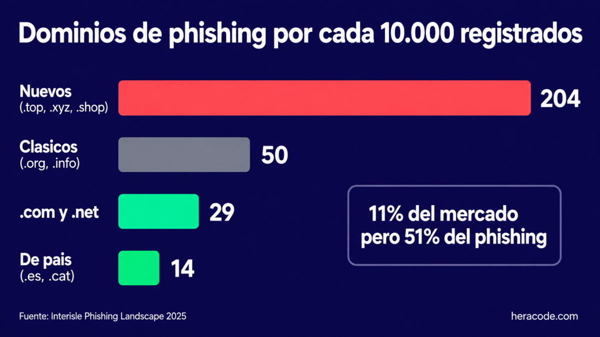 Ranking de phishing por extensión de dominio: 204 dominios de phishing por cada 10.000 registrados en las extensiones nuevas, frente a 14 en los dominios de país, según Interisle