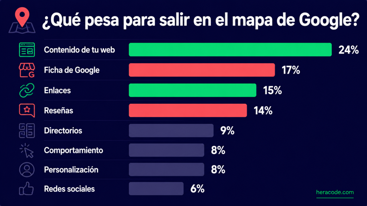 Gráfico del reparto de factores para salir en el mapa de Google: contenido de la web 24%, ficha de Google 17%, enlaces 15%, reseñas 14%, directorios 9%, comportamiento 8%, personalización 8% y redes sociales 6%, según BrightLocal