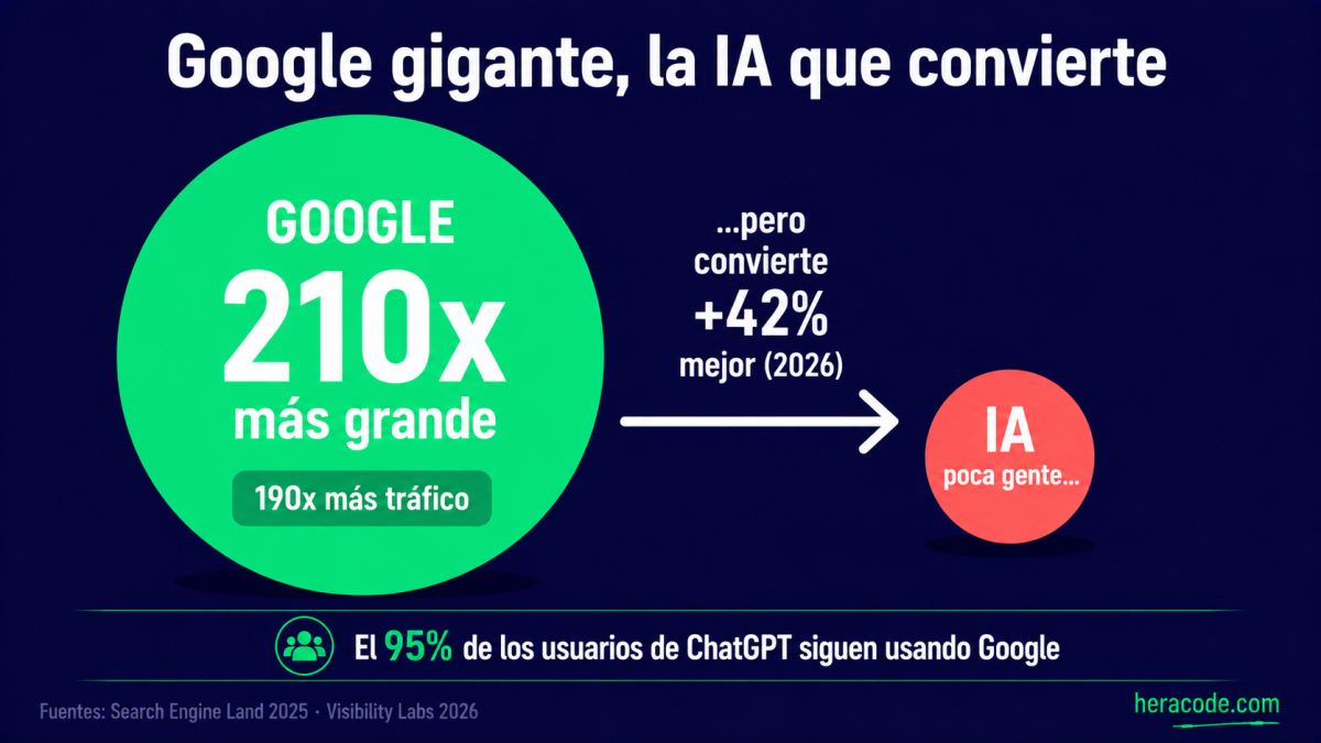 Comparativa: Google sigue siendo 210 veces más grande que ChatGPT como buscador y manda 190 veces más tráfico, pero las visitas que llegan desde la IA convertían un 42% mejor que el resto en marzo de 2026
