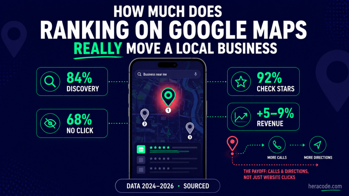 Infografía sobre el posicionamiento en Google Maps y su impacto en un negocio local: descubrimiento, estrellas, reseñas, llamadas y cómo llegar, con datos de 2024 a 2026