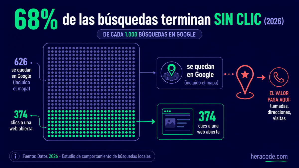 Gráfico de 1.000 búsquedas en Google: solo 374 clics van a una web abierta, cerca del 30% se queda dentro de Google incluido Maps y el resto no pincha en nada