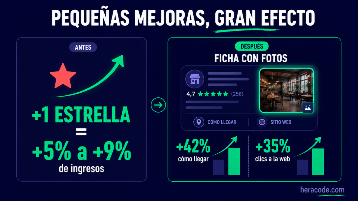 Infografía del impacto de mejorar: una estrella más se asocia a entre un 5% y un 9% más de ingresos, y una ficha con fotos recibe un 42% más de peticiones de cómo llegar y un 35% más de clics a la web
