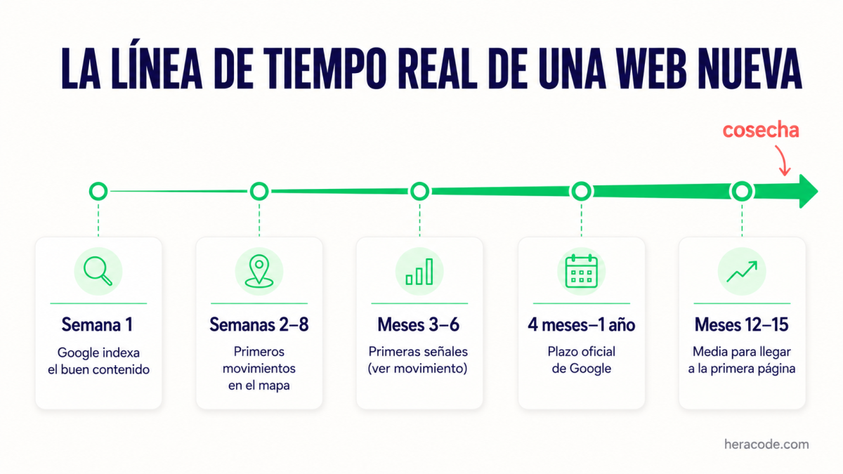 Línea de tiempo del posicionamiento de una web nueva: semana 1 Google indexa el buen contenido, semanas 2 a 8 primeros movimientos en el mapa, meses 3 a 6 primeras señales en Google, de 4 meses a 1 año el plazo oficial de Google y meses 12 a 15 la media para llegar a la primera página