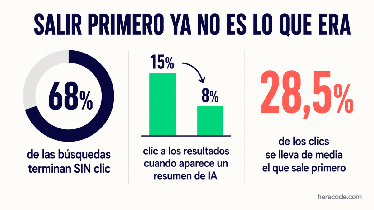 Infografía de que salir primero ya no da tantas visitas: el 68% de las búsquedas en Google terminan sin ningún clic, cuando aparece un resumen con IA el clic a los resultados cae del 15% al 8%, y el que sale primero se lleva de media solo el 28,5% de los clics
