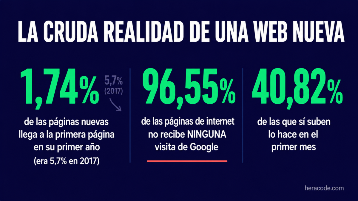 Infografía de la realidad de una web nueva: solo el 1,74% de las páginas nuevas llega a la primera página de Google en su primer año, frente al 5,7% que llegaba en 2017, y el 96,55% de todas las páginas de internet no recibe ninguna visita de Google