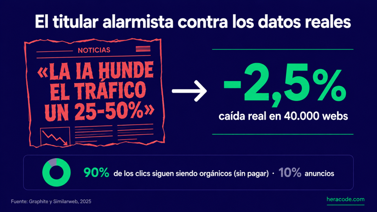 Titular contra realidad: los titulares hablaban de caídas del 25% al 50% en el tráfico, pero el estudio de Graphite y Similarweb sobre 40.000 webs midió una caída real del 2,5%; el 90% de los clics de Google siguen yendo a resultados sin pagar y solo el 10% a anuncios