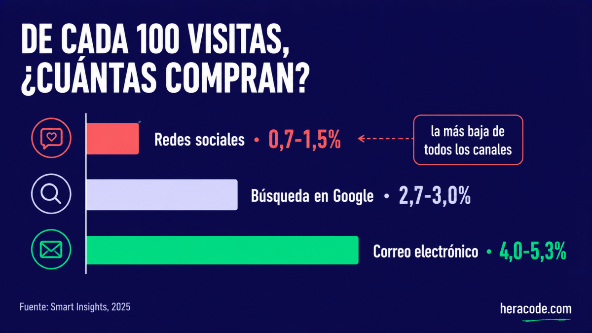Gráfico de barras: de cada 100 visitas, compran entre 0,7 y 1,5 llegadas desde redes sociales, entre 2,7 y 3 desde la búsqueda de Google, y entre 4 y 5,3 desde el correo electrónico, según Smart Insights
