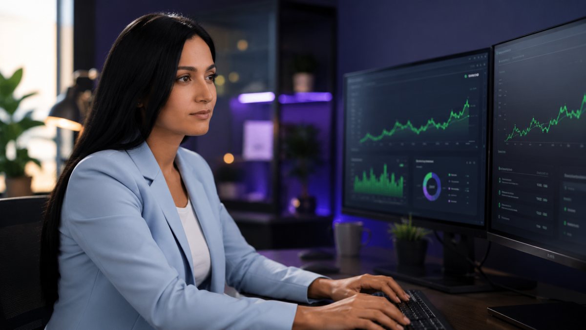 Marta, consultora SEO en Terrassa, analizando el posicionamiento de una web en su panel de analítica