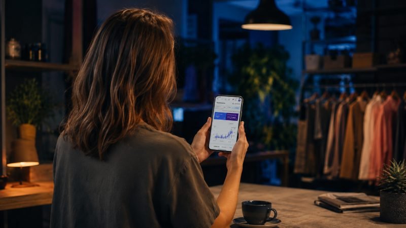 Propietaria de un pequeño negocio consultando en su móvil el crecimiento de las visitas de su web