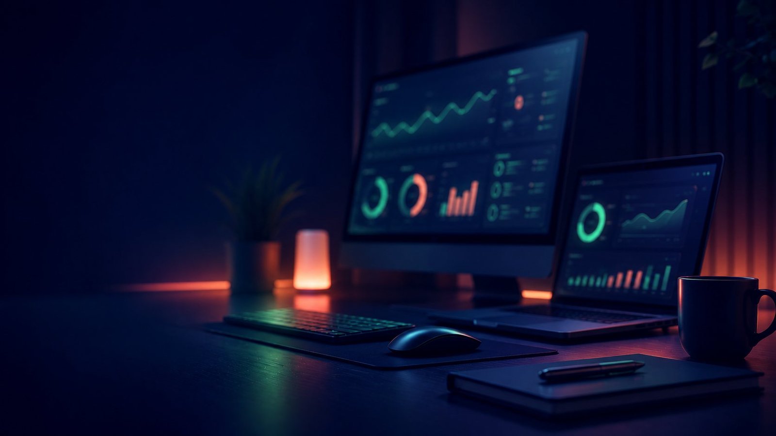 Escritorio de trabajo con pantallas de analítica web, consultor SEO WordPress de Heracode