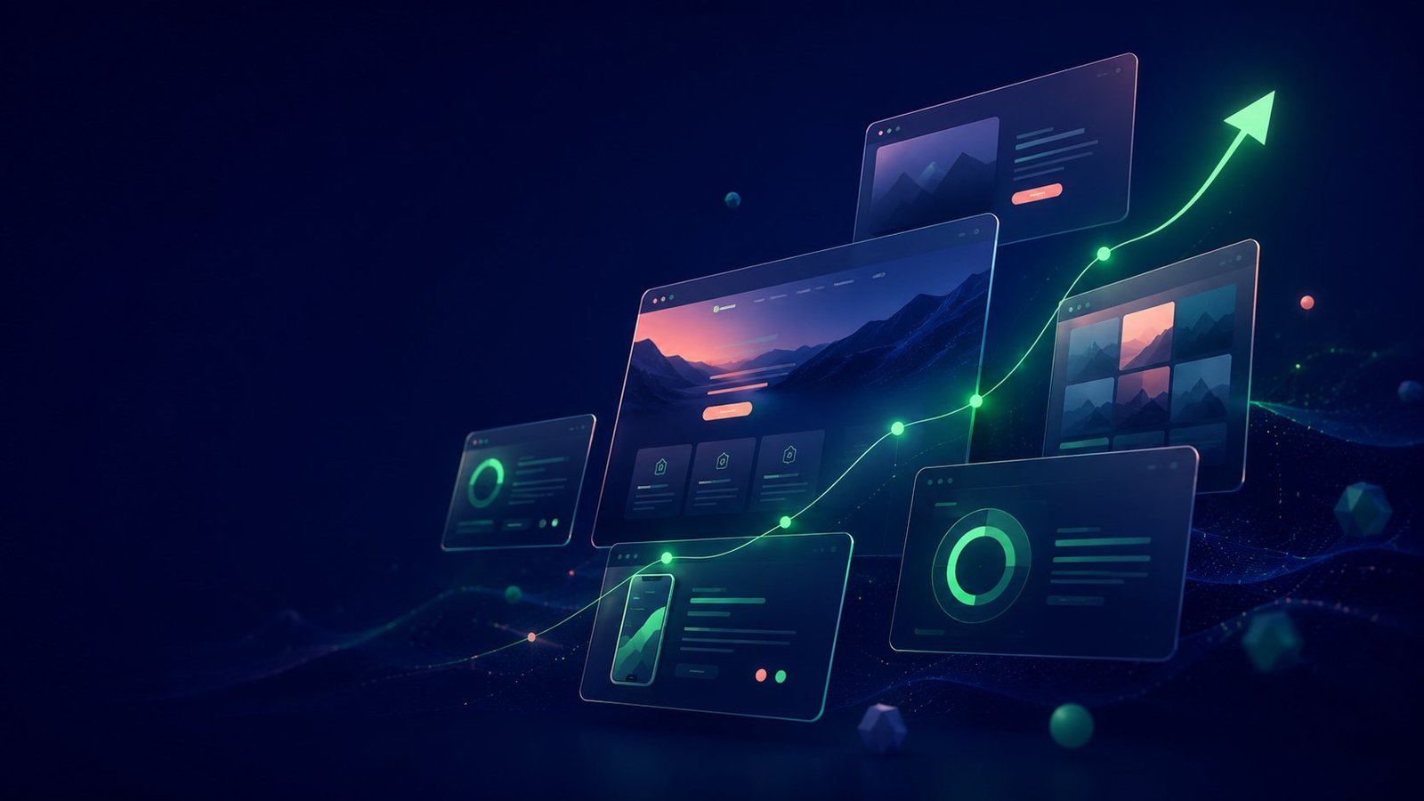 Maquetas de diseño web flotantes con una flecha de crecimiento, diseño web SEO de Heracode