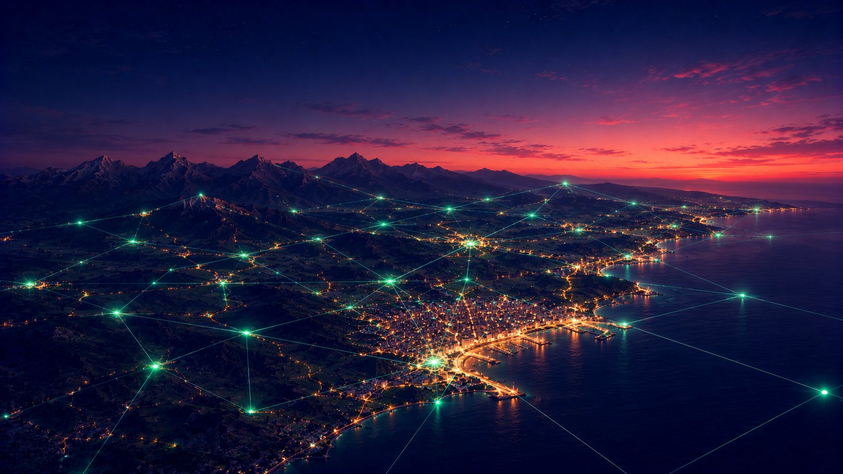 Panorámica de Catalunya con Barcelona, Girona, Tarragona y Lleida enlazadas por una red luminosa: agencia SEO en Catalunya de Heracode