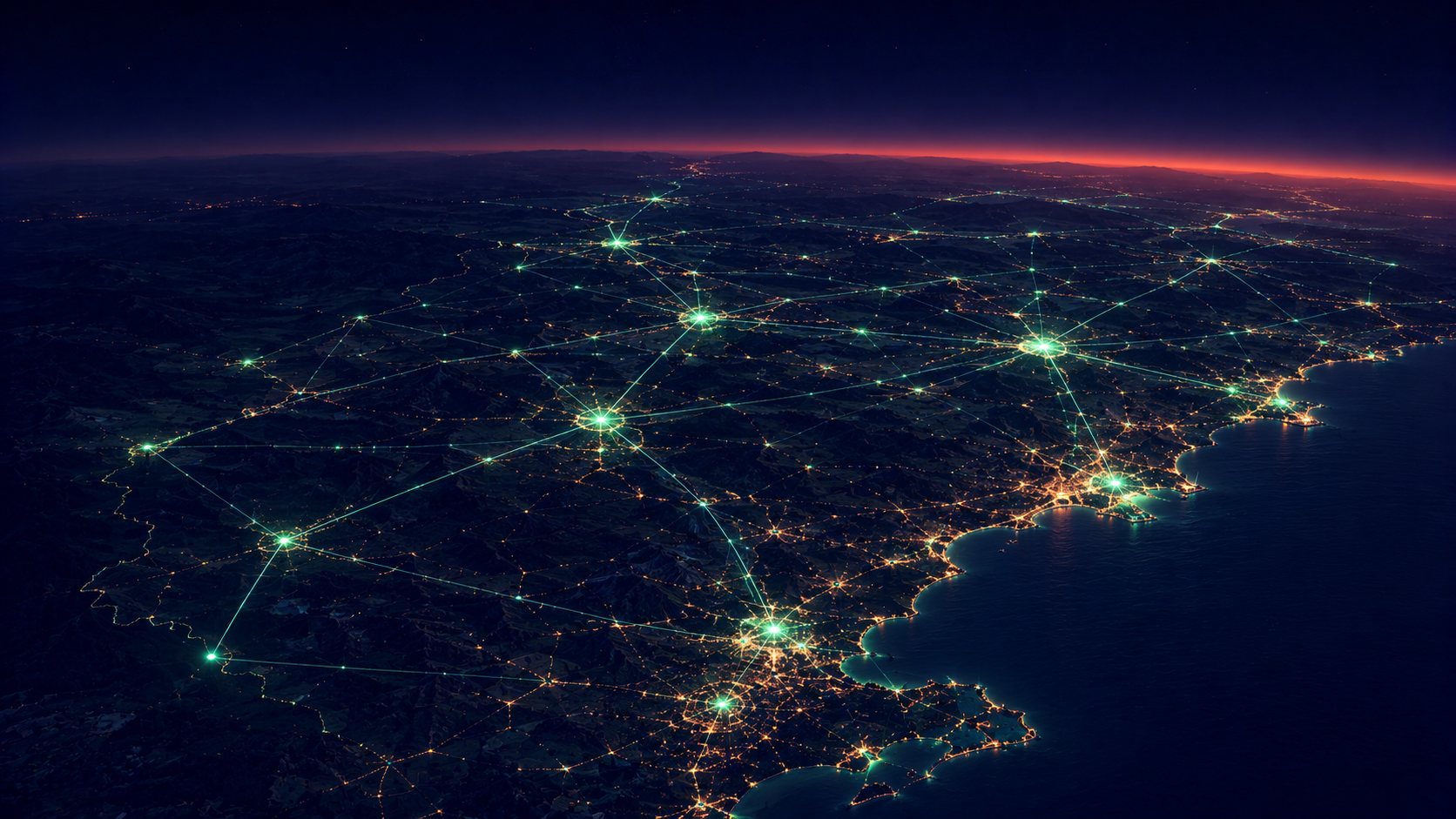 Mapa nocturno de España con sus ciudades encendidas como nodos de luz unidos por una red: agencia SEO en España de Heracode