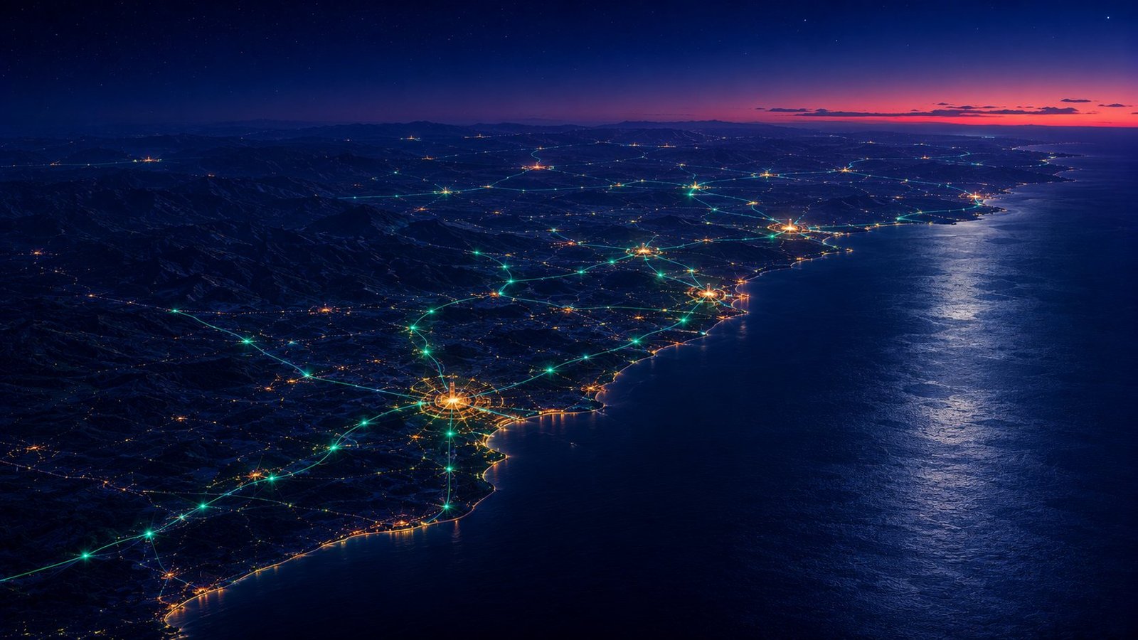Provincia de Tarragona, del Camp de Tarragona a las Terres de l'Ebre, con sus comarcas enlazadas por una red luminosa: agencia SEO en la provincia de Tarragona de Heracode