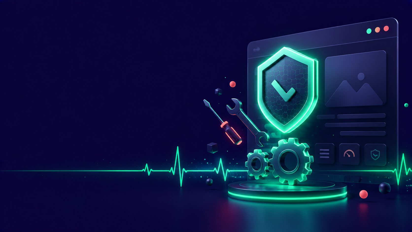 Escudo de seguridad y engranajes velando por una página web sobre fondo índigo, mantenimiento web de Heracode