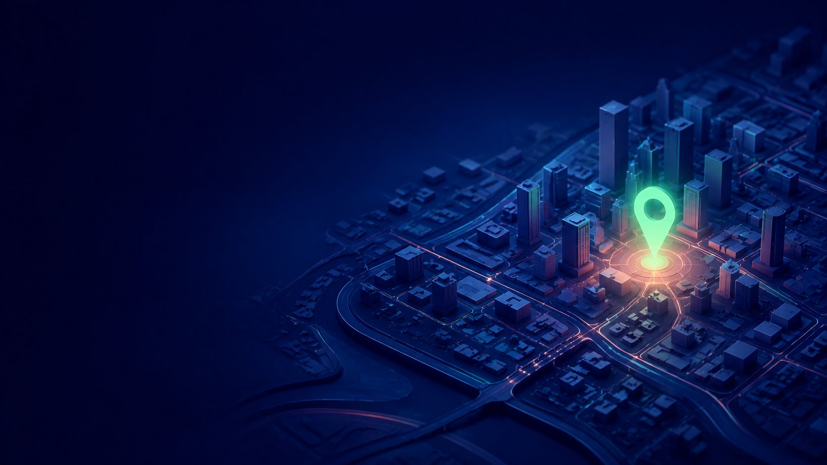 Mapa 3D de una ciudad con un marcador destacado, SEO local de Heracode para aparecer en Google Maps