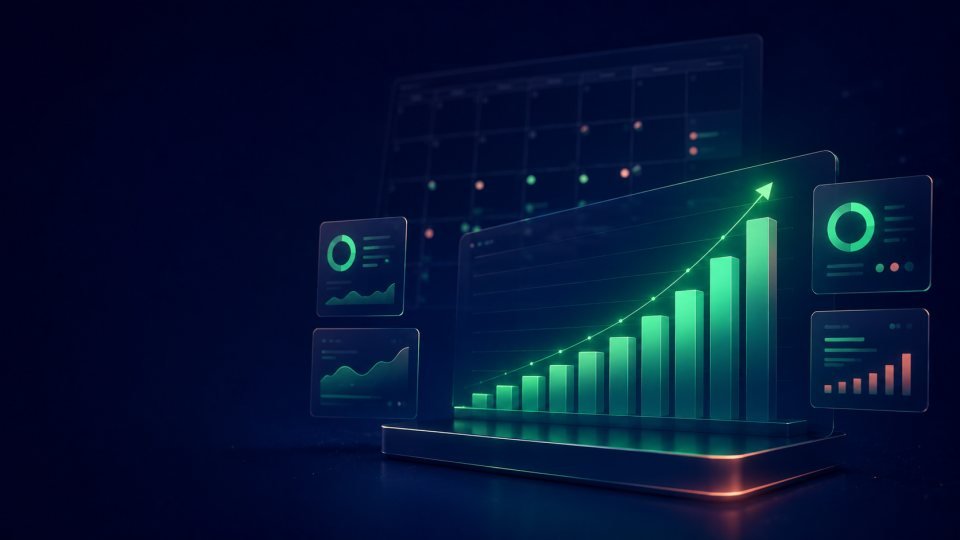 Panel de anal&iacute;tica con un gr&aacute;fico de barras que sube mes a mes, servicio de SEO mensual de Heracode