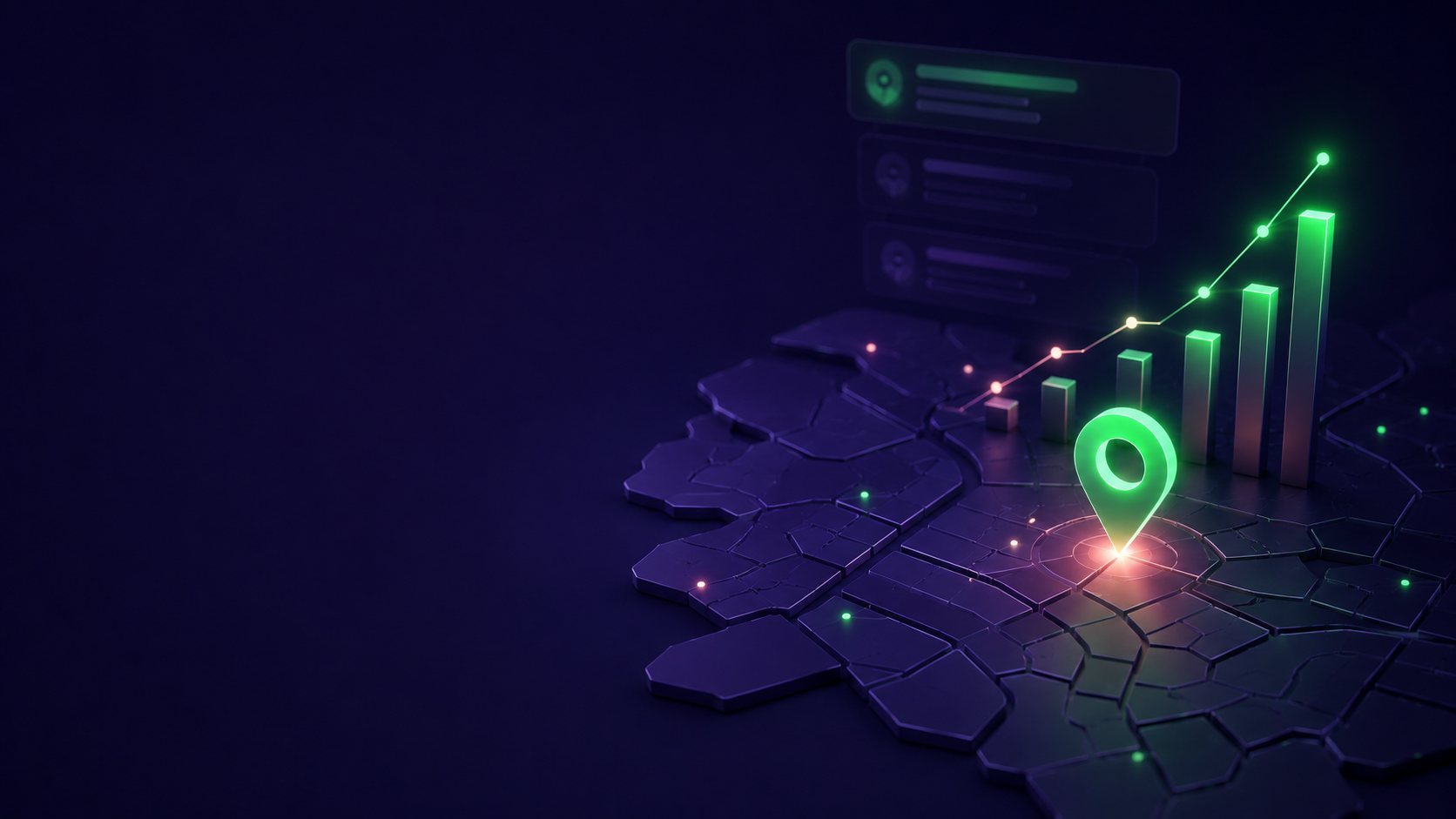 Mapa con marcadores de posición de Google y un pin destacado sobre fondo índigo, comprobador de posición en Google de Heracode