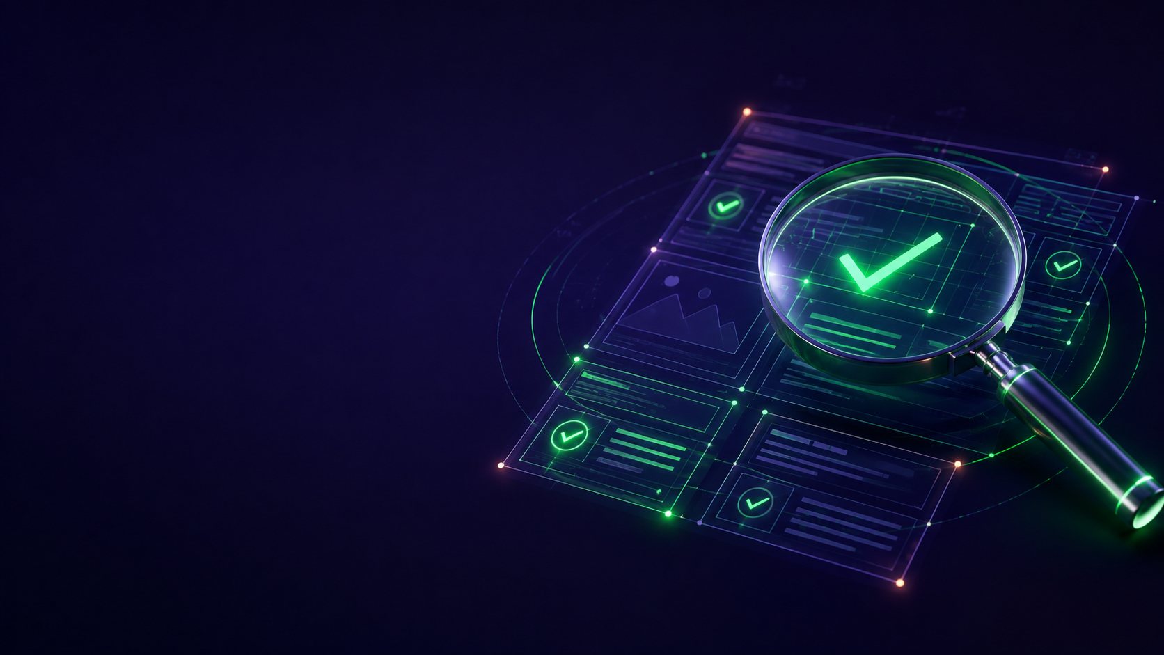 Lupa revisando una web con marcas de verificación SEO sobre fondo índigo, análisis SEO web gratis de Heracode