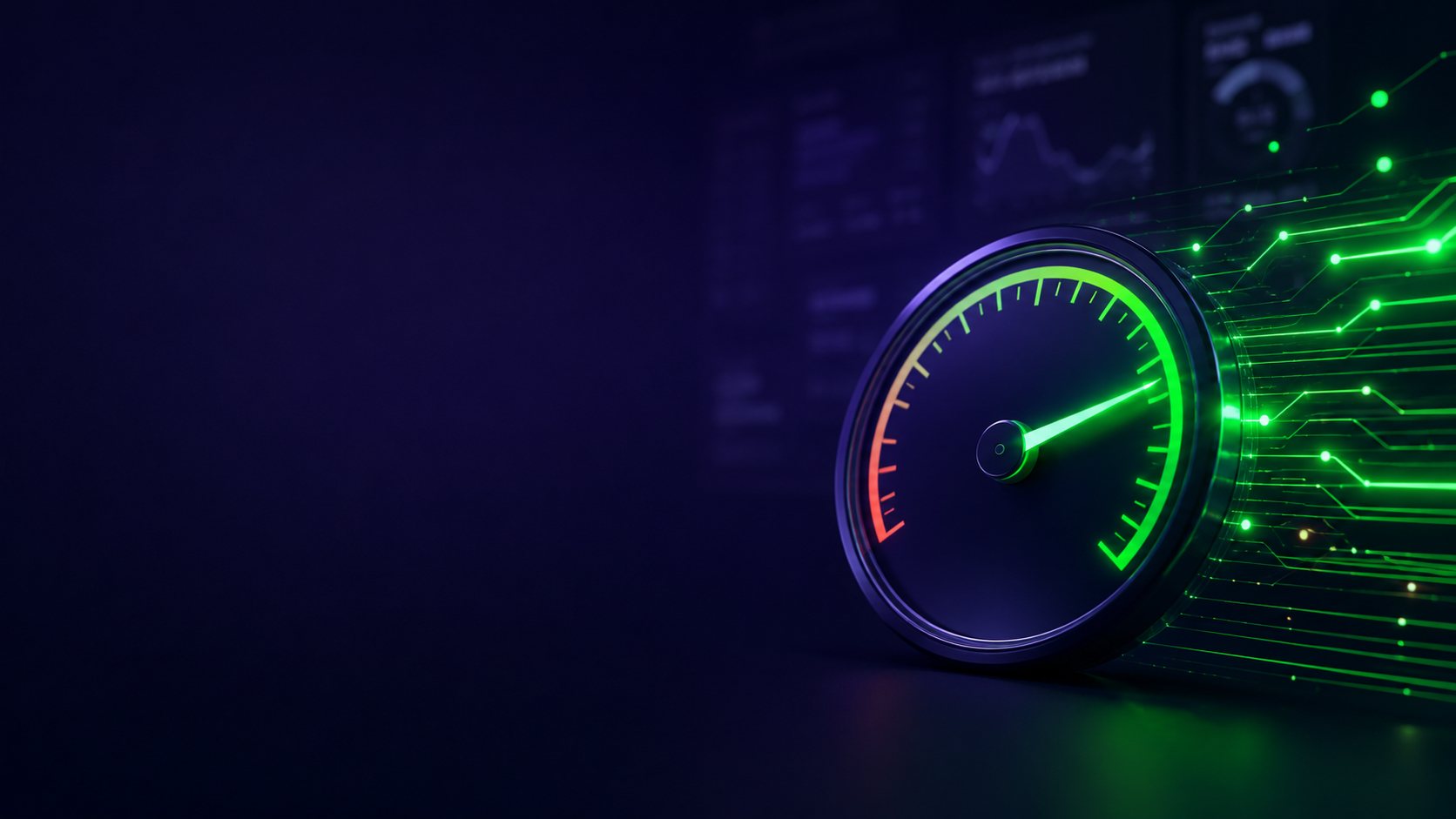 Velocímetro de una web acelerando sobre fondo índigo, test de velocidad web gratis de Heracode