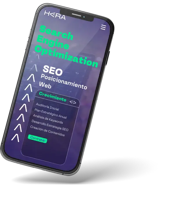 Smartphone mostrando app de Heracode con servicios de SEO y posicionamiento web. Pantalla púrpura con texto 'Search Engine Optimization' en verde, lista de servicios incluyendo auditoría SEO, plan estratégico anual y análisis de keywords, enfatizando crecimiento y optimización para motores de búsqueda.