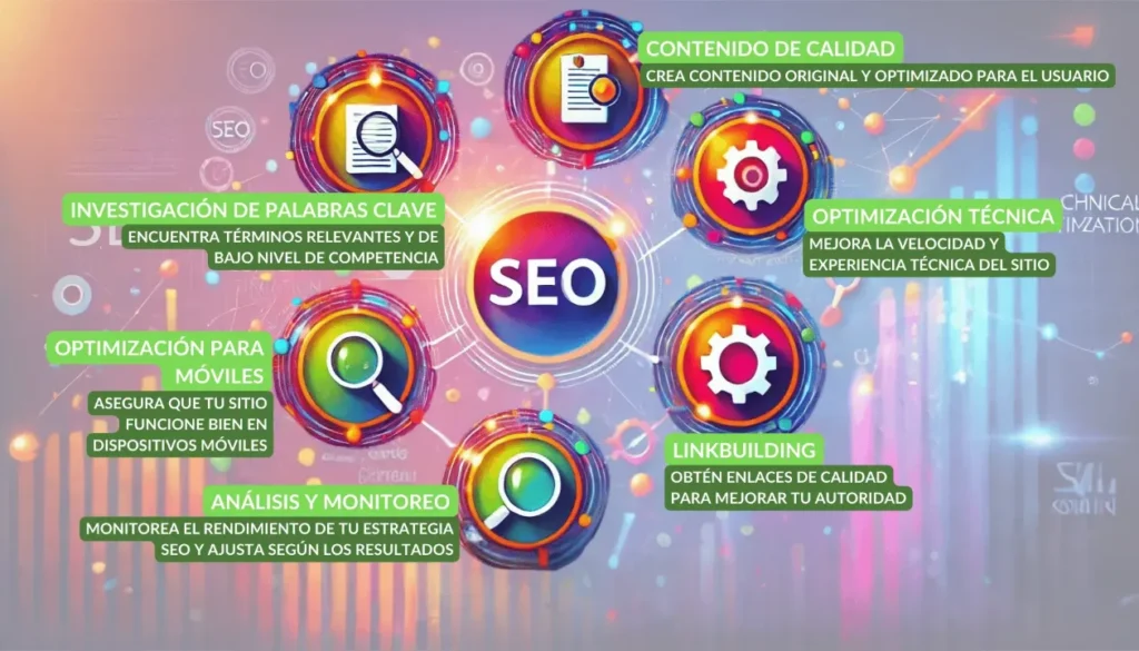 Aspectos clave de una estrategia SEO efectiva: investigación de palabras clave, contenido de calidad, optimización técnica, linkbuilding, optimización para móviles y análisis y monitoreo para mejorar el posicionamiento en motores de búsqueda.