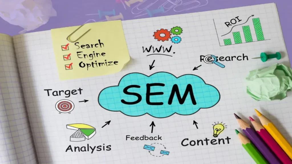 Diagrama representando el Search Engine Marketing (SEM), mostrando conceptos clave como investigación, análisis, ROI, targeting y optimización de motores de búsqueda para campañas digitales.